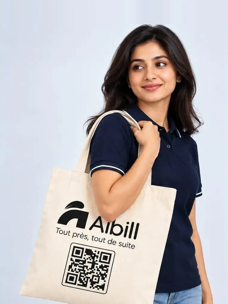 A model carrying a natural canvas Aibill tote on her shoulder, the logo and a QR code printed in black on the front.