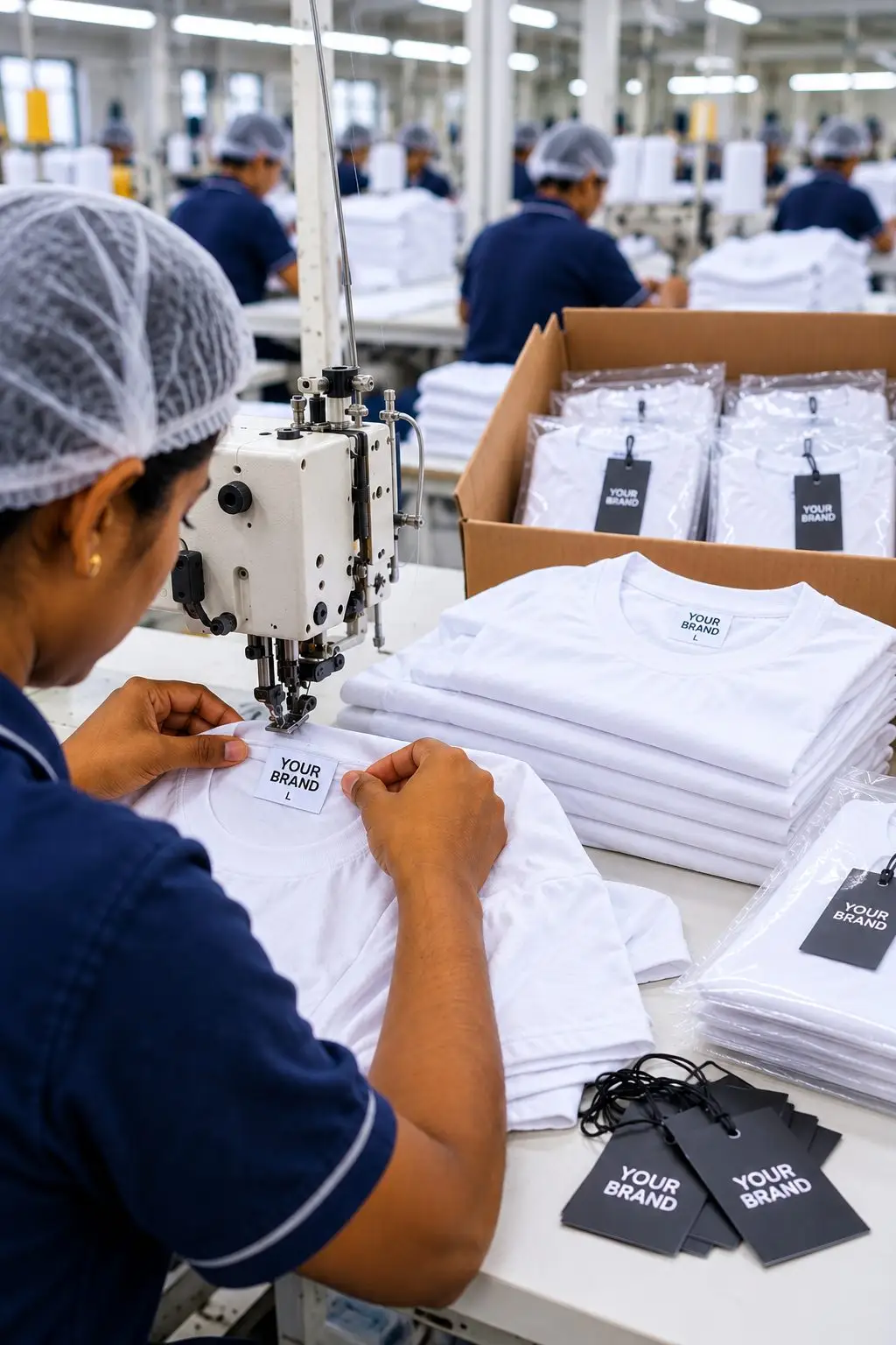A machinist sewing a “YOUR BRAND” neck label into a white t-shirt, folded stock and boxed, bagged garments with black hang tags beside her.